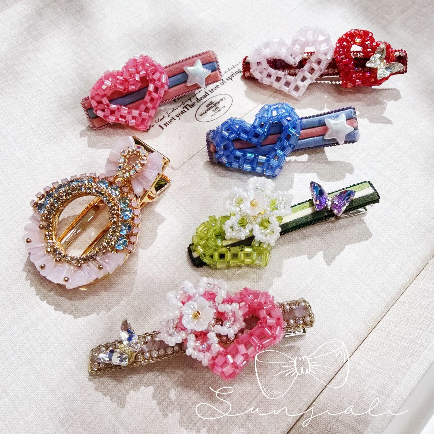 JIALI韩国代购Story复古手工水晶边夹女爱心花朵鸭嘴夹甜美发饰