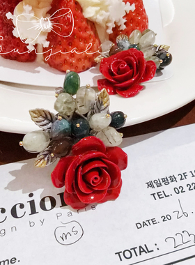 JIALI韩国进口东大门新红色花朵玫瑰花立体玉石设计师款胸针饰品