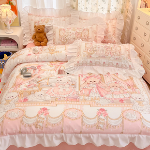 可爱lolita花边四件套水洗真丝天丝洛丽塔风女孩被套被罩宿舍床品