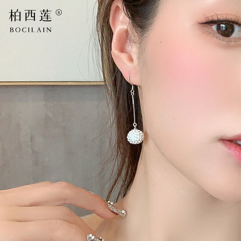 韩版长款简约奥地利水晶钻球耳坠s925银耳环耳饰银饰送礼物