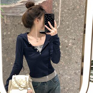 大码假两件连帽上衣2026年春秋新款修身显瘦学生打底衫长袖T恤女