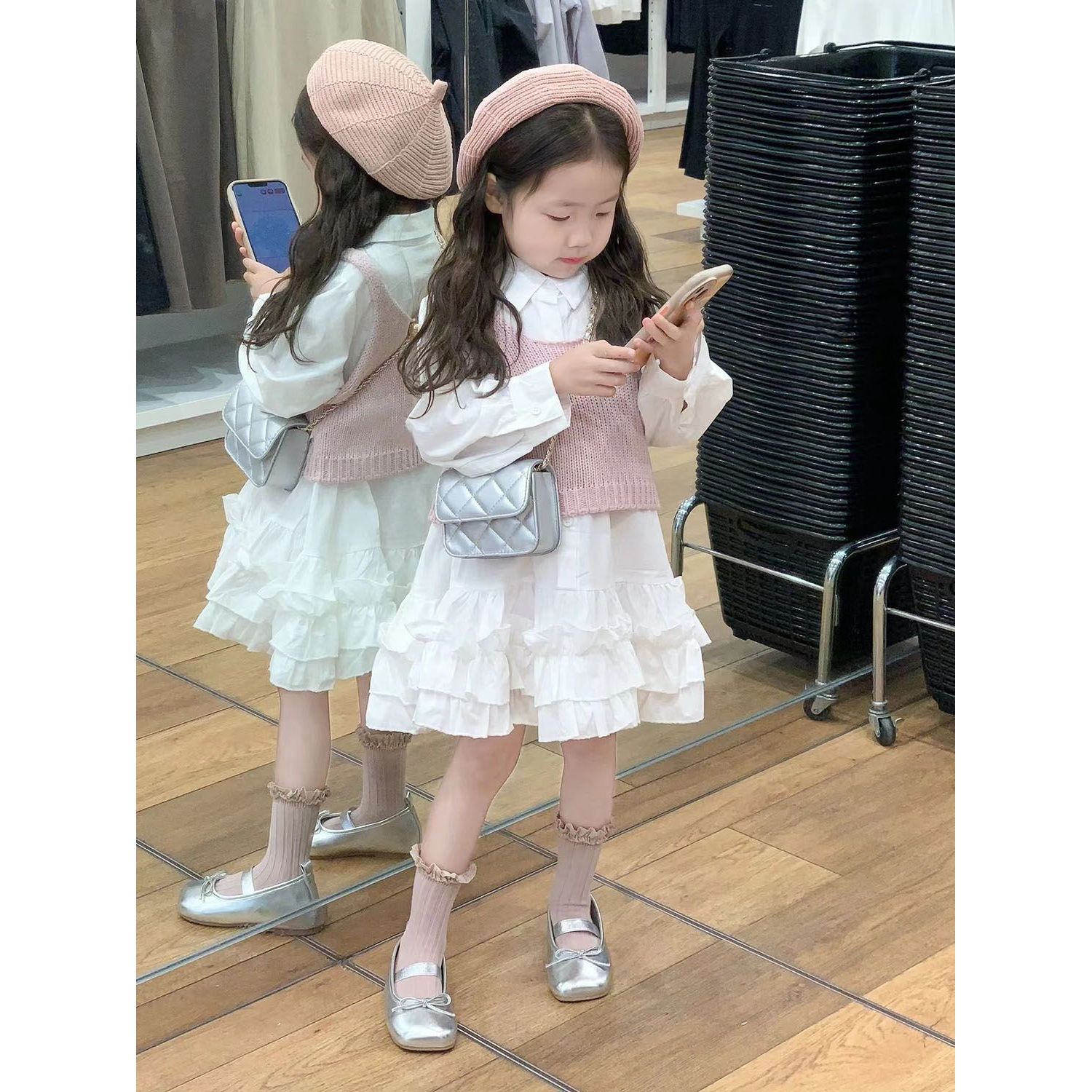 韩国童装2025春装新款女童粉色针织马甲背心女宝宝长袖衬衫公主裙