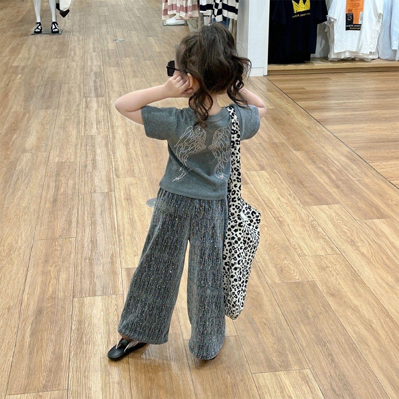 韩版童装夏季2025新款女童烫钻翅膀短袖T恤上衣亮闪闪休闲裤套装