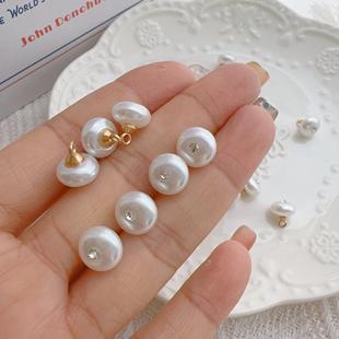 前襟小香风钮扣 旗袍新中式 一粒水钻扁圆形珍珠扣白色仿贝衬衫 开衫