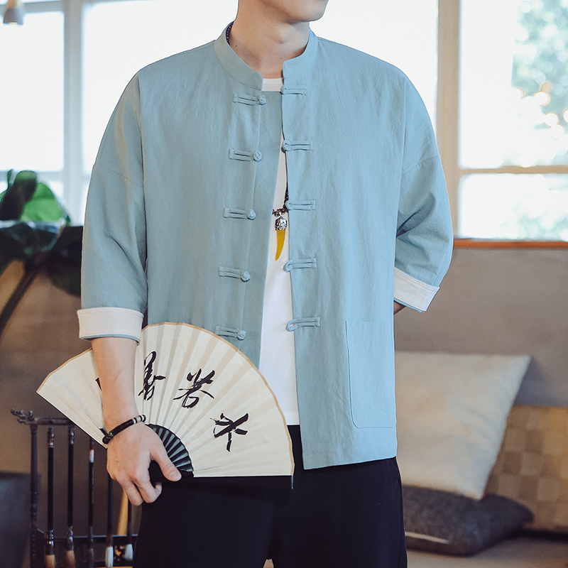 茶艺师工作服按摩推拿工装中医养生馆spa艾灸理疗男七分袖棉麻服