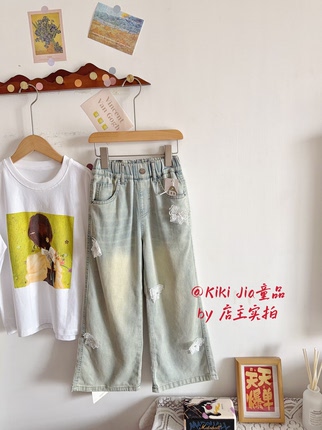 Kiki家26夏女大童洋气薄款百搭牛仔裤 韩版高品质蝴蝶结直筒裤特