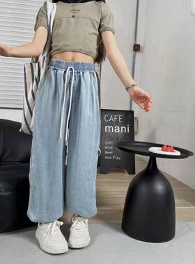 Kiki家26夏超薄款宽松休闲束脚裤 韩版大E品牌天丝牛仔裤