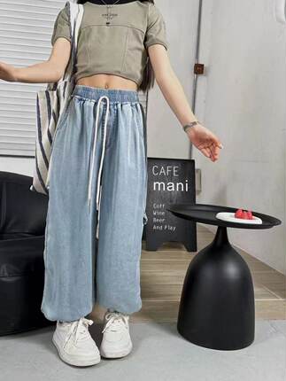 Kiki家26夏超薄款宽松休闲束脚裤 韩版大E品牌天丝牛仔裤