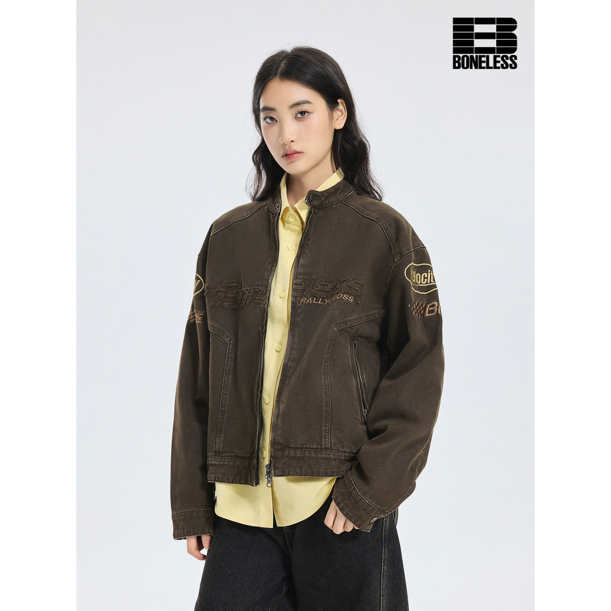 洗水绣花结构机车夹克外套