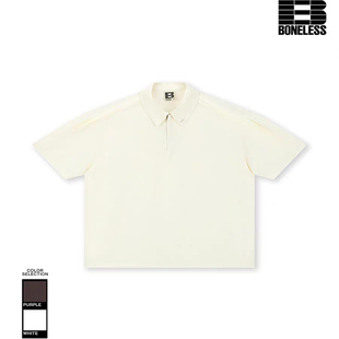 BONELESS竖纹肌理解构POLO短袖夏新款宽松金属标翻领休闲简约T恤