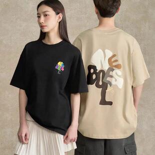 BONELESS树形字母变形印花短袖潮牌夏季休闲男女卡通美式情侣T恤
