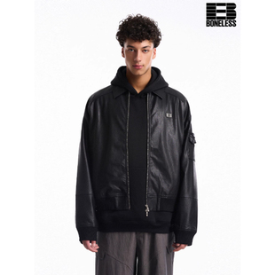 BONELESS金属标皮衣夹克翻领pu皮外套宽松工装风短款街头潮牌上衣