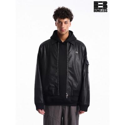 BONELESS金属标皮衣夹克短款