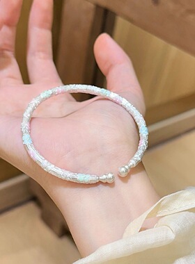 樱花草新中式手工雕刻珐琅滴油粉色花朵国风女民族风手环手饰品