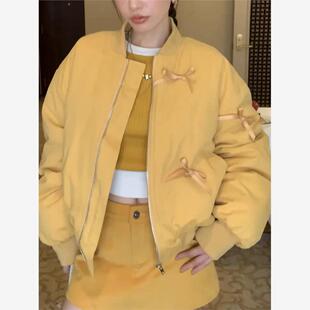 宽松百搭蝴蝶结棒球服女2025秋冬新款美式覆古设计感棉服夹克上衣