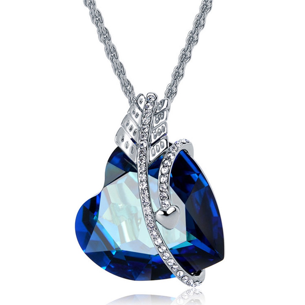 欧美经典永恒之爱镶钻羽毛海洋之心宝蓝色水晶吊坠精致锁骨链项链