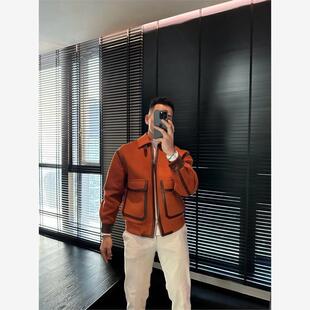 痞帅休闲风橘色翻领夹克男短款收腰潮流外套高级感