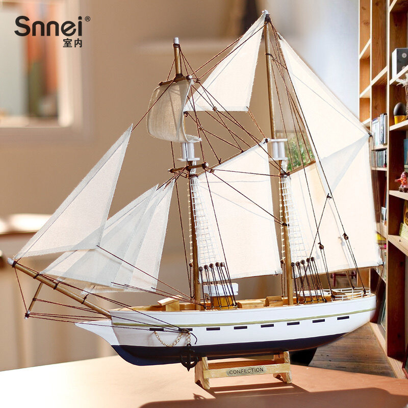 美式乡村一帆风顺帆船模型仿真实木质工艺船客厅书房桌面装饰摆件
