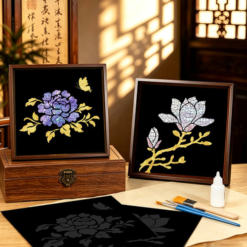 非遗螺钿画贝壳画手工diy材料包金箔画相框摆件创意礼物团建活动