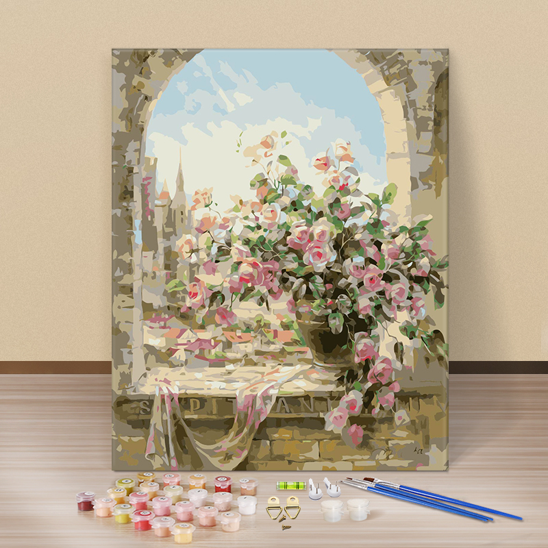 diy数字油画简易手绘填色油彩画客厅风景卡通动漫花卉装饰画 窗前图片