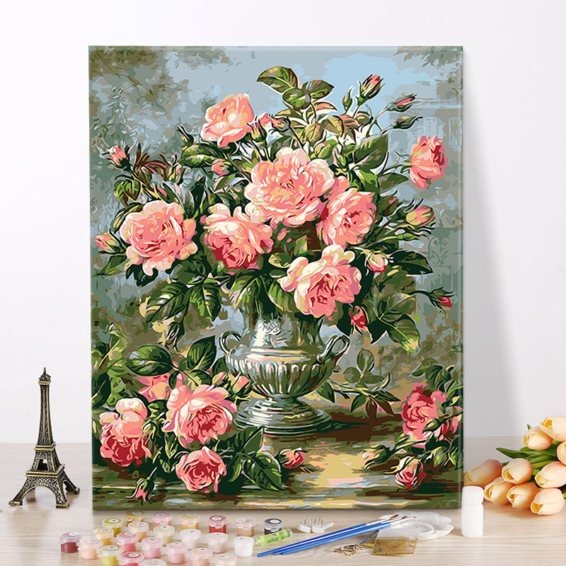 diy数字油画油彩画 客厅花卉手绘数码填色欧式装饰画  绿粉摇红