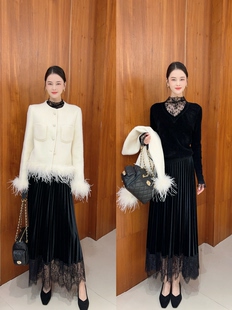 小香风女重工拼接短外套双面羊绒鸵鸟毛欧货女 MissYu2025秋冬新款