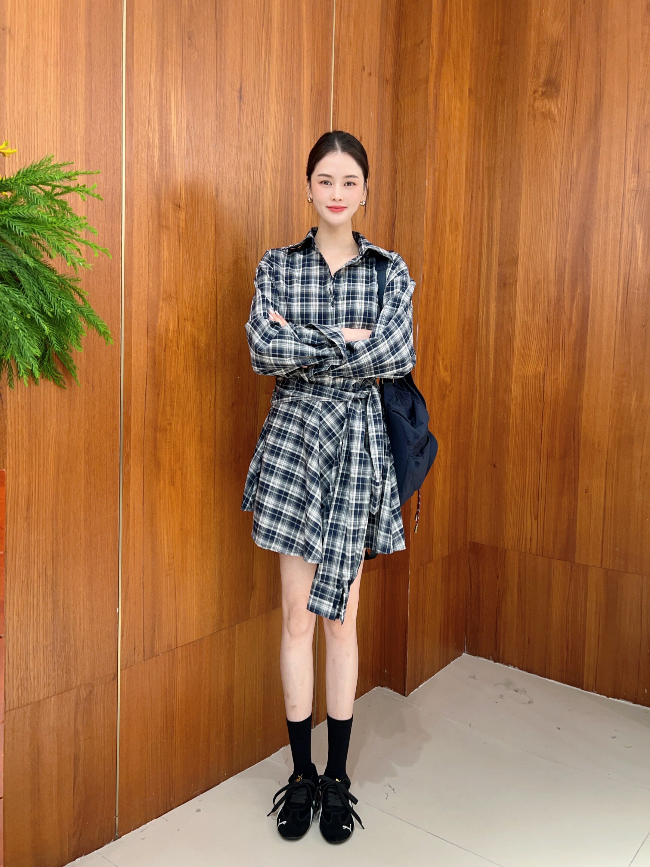 Missyu2025秋季新款韩版休闲连衣裙格子学院风短款设计感女士修身