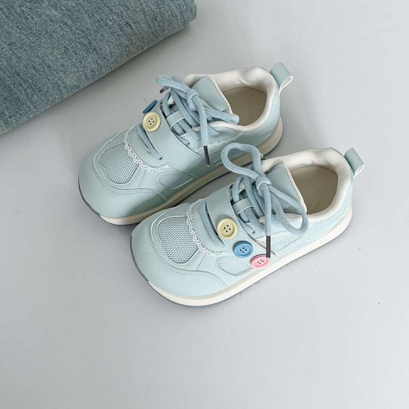 青色丑萌大头德训鞋女2025秋新款软底舒适轻便百搭纽扣拼色阿甘鞋