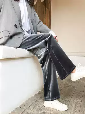 Gold velvet wide-leg pants women's autumn and winter high waist drop straight pants nine-point pants plus velvet thickened pants mopping trousers