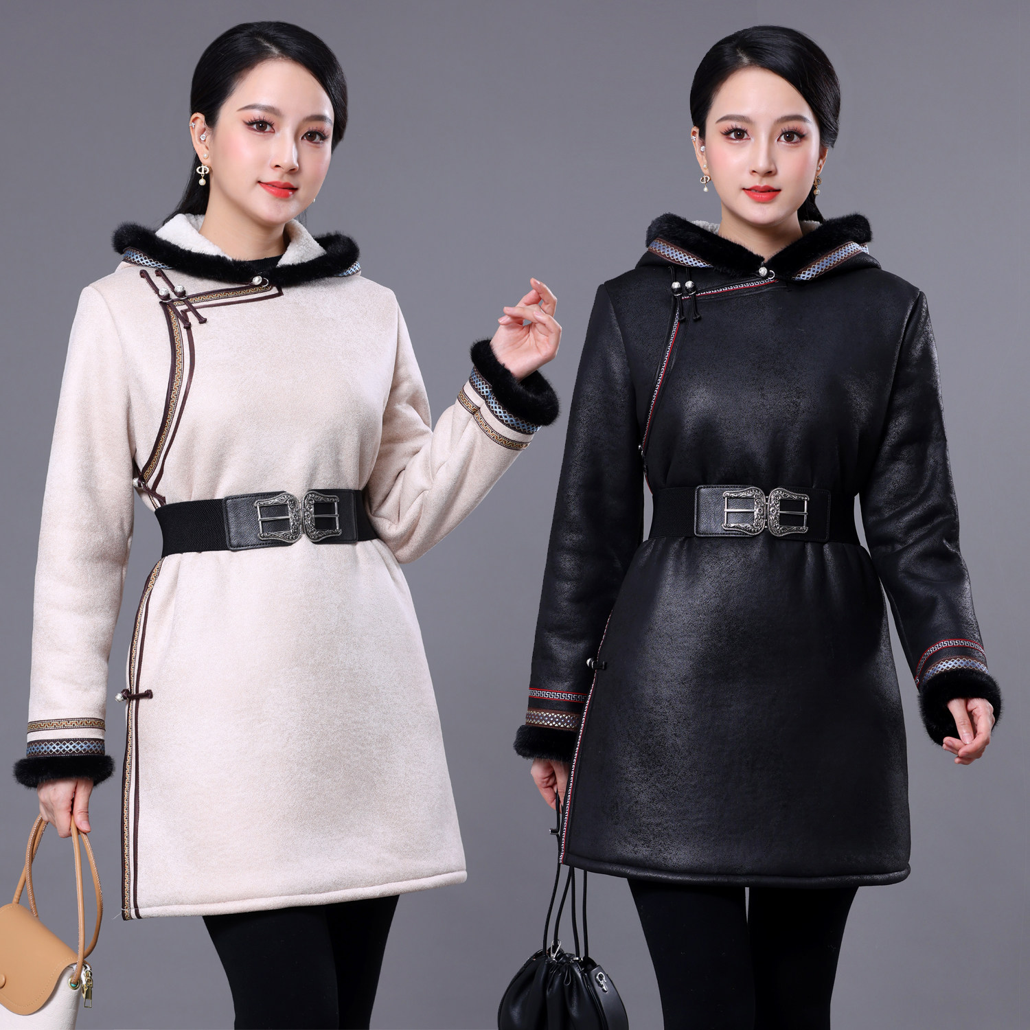 蒙古元素棉衣中长连帽加绒蒙古袍