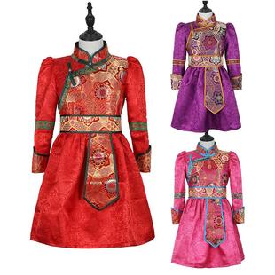 女童蒙古袍儿童舞台连衣公主裙红色高端服饰蒙古族童装演出服长袖