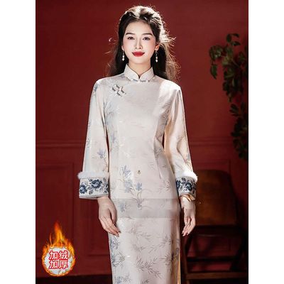 绝美印花旗袍2025年新款气质长袖加绒复古年轻款改良连衣裙女秋冬
