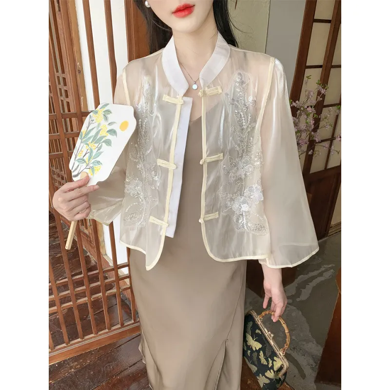 新中式国风防晒衬衣外套女装长袖夏季新款盘扣上衣重工刺绣衬衫薄