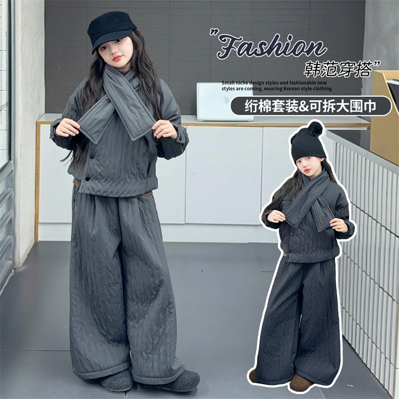 女童棉服套装冬季2025新款中大童潮韩范棉衣外套加绒阔腿裤两件套