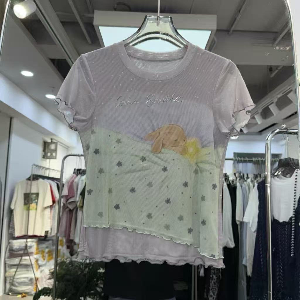 特价清仓 烫钻卡通印花短袖T恤辣妹显瘦气质网纱波浪边女上衣