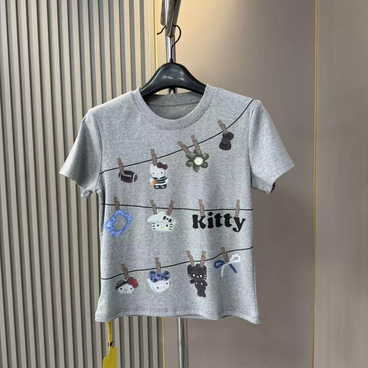 欧货新款 趣味甜美 夹子Kitty猫咪印花短袖T恤女 夏季修身短上衣