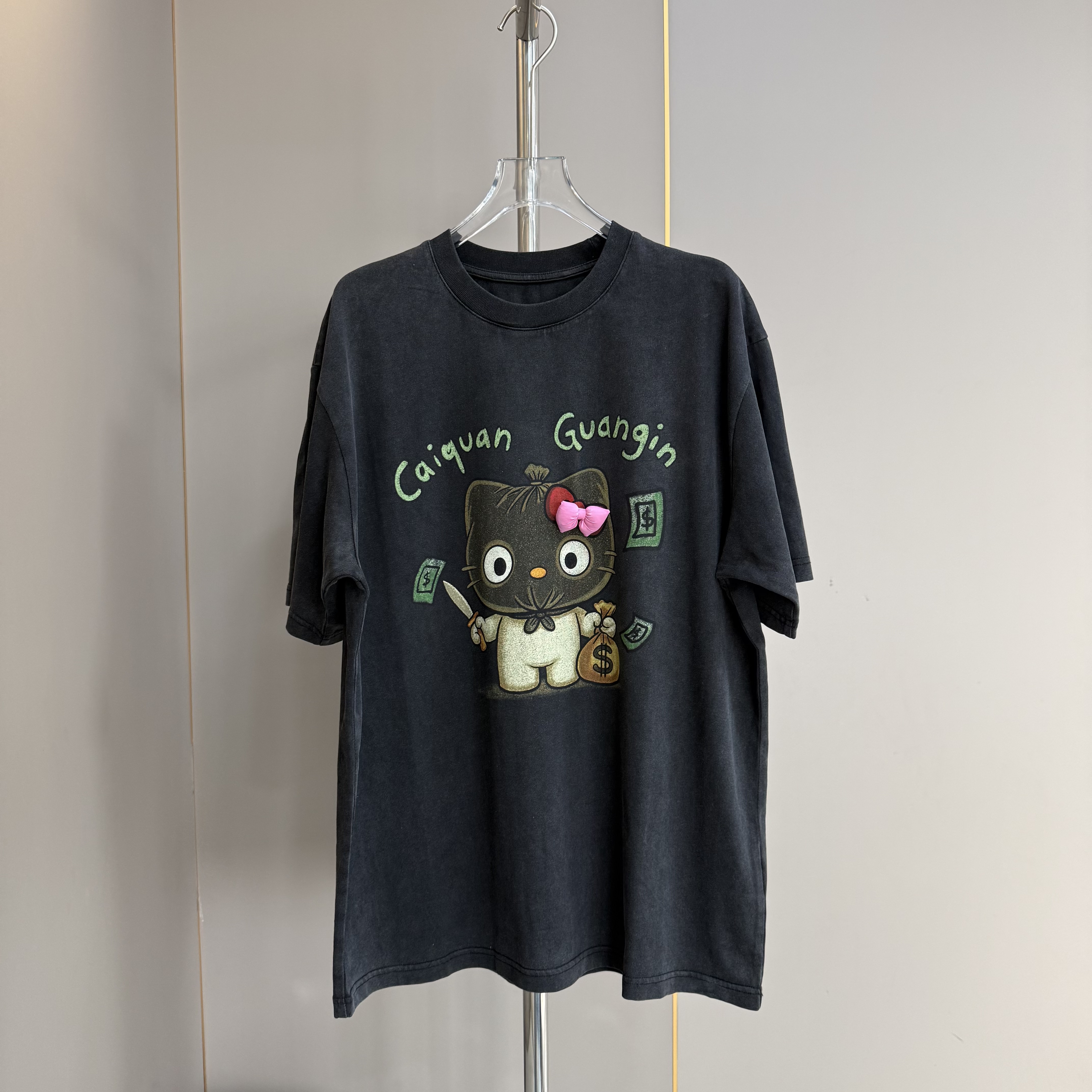 特价清仓 新款趣味Kitty猫咪蝴蝶结印花做旧短袖宽松套头T恤