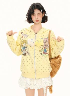 Sanowers甜酷卡通印花波点开衫卫衣女秋宽松休闲兔耳朵连帽外套潮