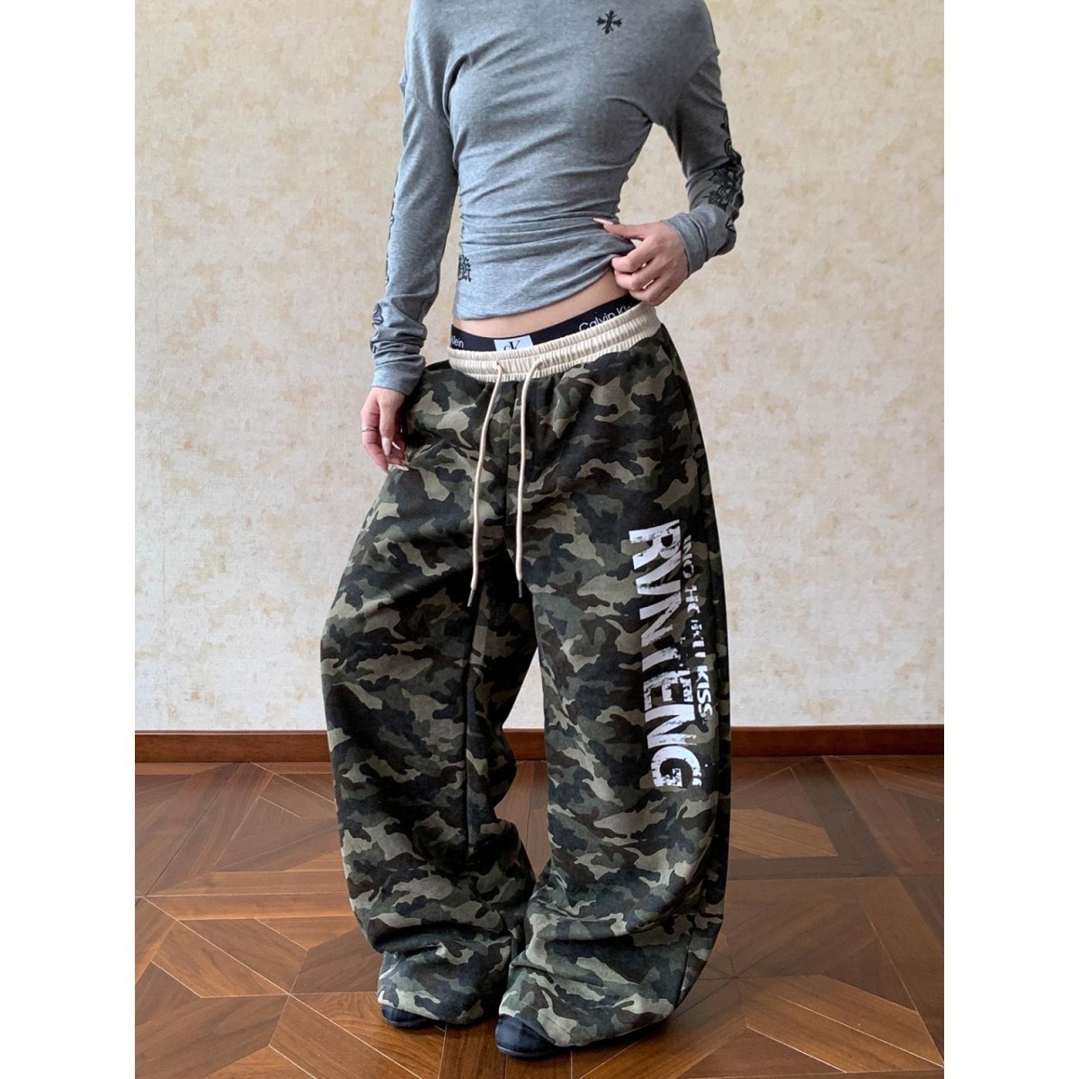 Apocket美式复古印花抽绳迷彩休闲裤女宽松直筒拼接腰头运动裤子