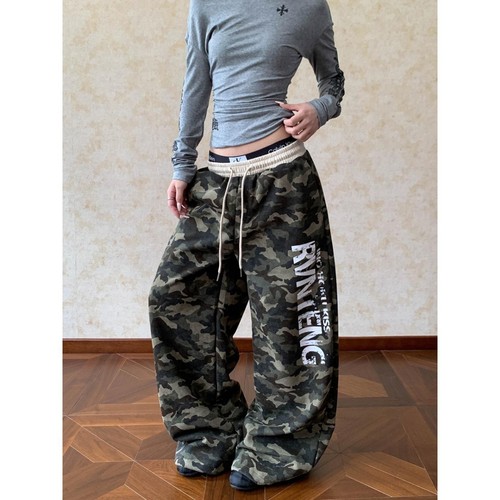 Apocket美式复古印花抽绳迷彩休闲裤女宽松直筒拼接腰头运动裤子