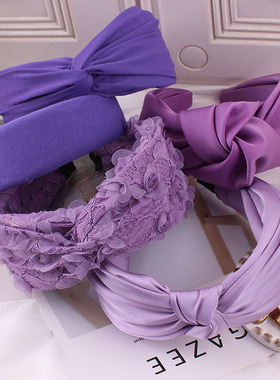 2022春季新款长春花蓝紫色网红纯色日韩宽边蕾丝缎面发箍发卡压发