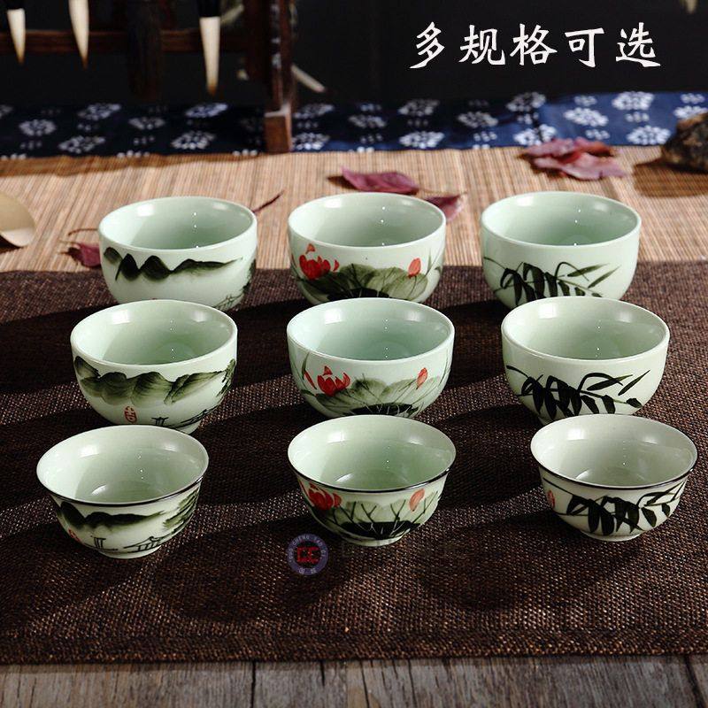 荷花小陶瓷杯茶楼茶杯绿釉 山水青瓷家用茶馆釉下彩手绘茶杯主人