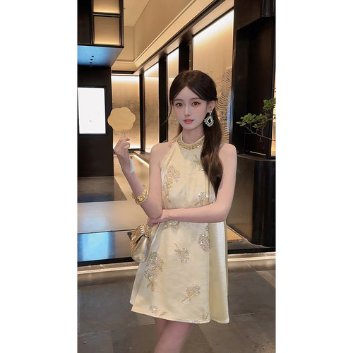 【如梦令】 郭郭原创重工刺绣无袖连衣裙女缎光质感两件套装