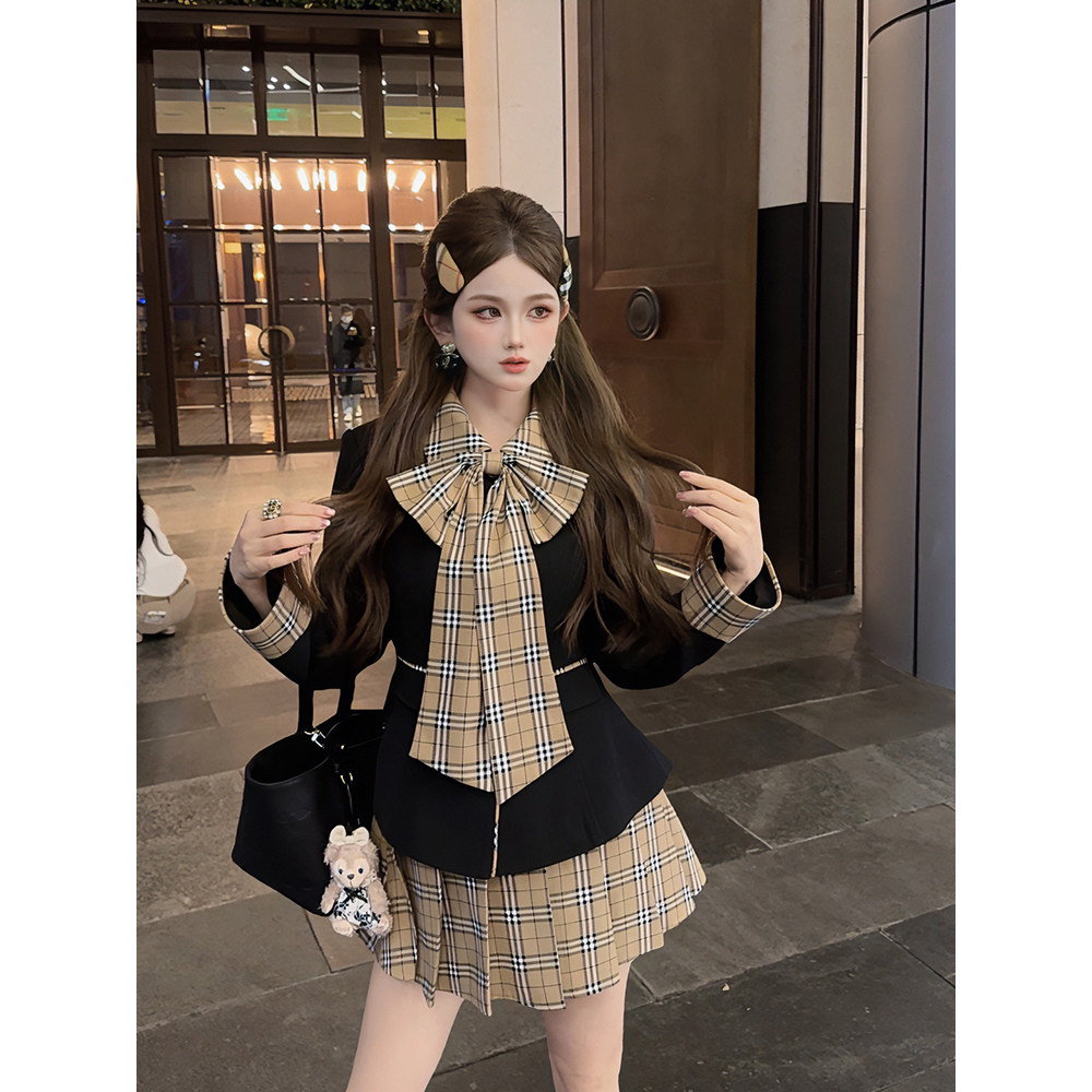 【伯克利学院】 郭郭原创格纹拼接黑色蝴蝶结外套短裙两件套装女