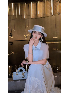 【浅雾漫行】  郭郭原创冰川蓝蕾丝吊带防晒披肩长裙三件套装女