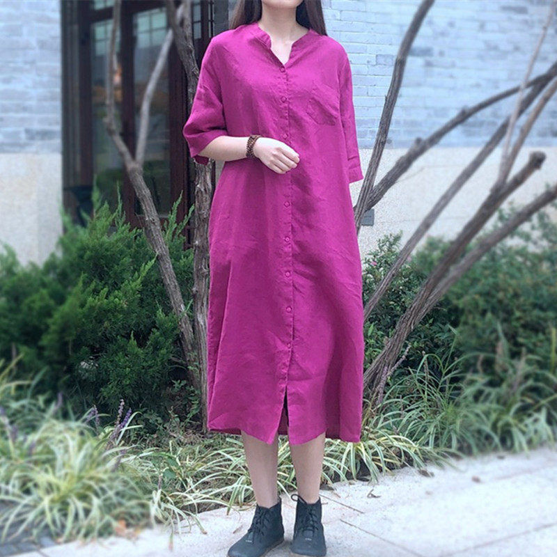 女式纯色中长款亚麻开衫连衣裙子