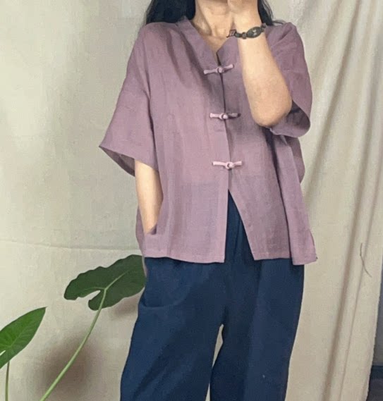 原创复古中式服装落肩袖文艺范改良薄苎麻盘扣开衫衬衫