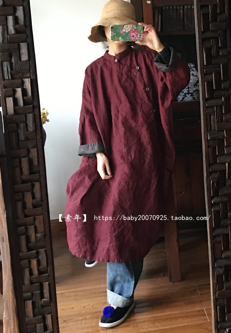 亚麻宽松手绣袍子连衣裙