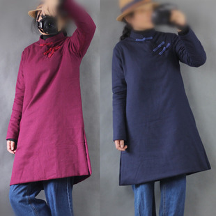 冬款上新立领斜盘扣套头侧开叉民族风怀旧棉袍女棉衣