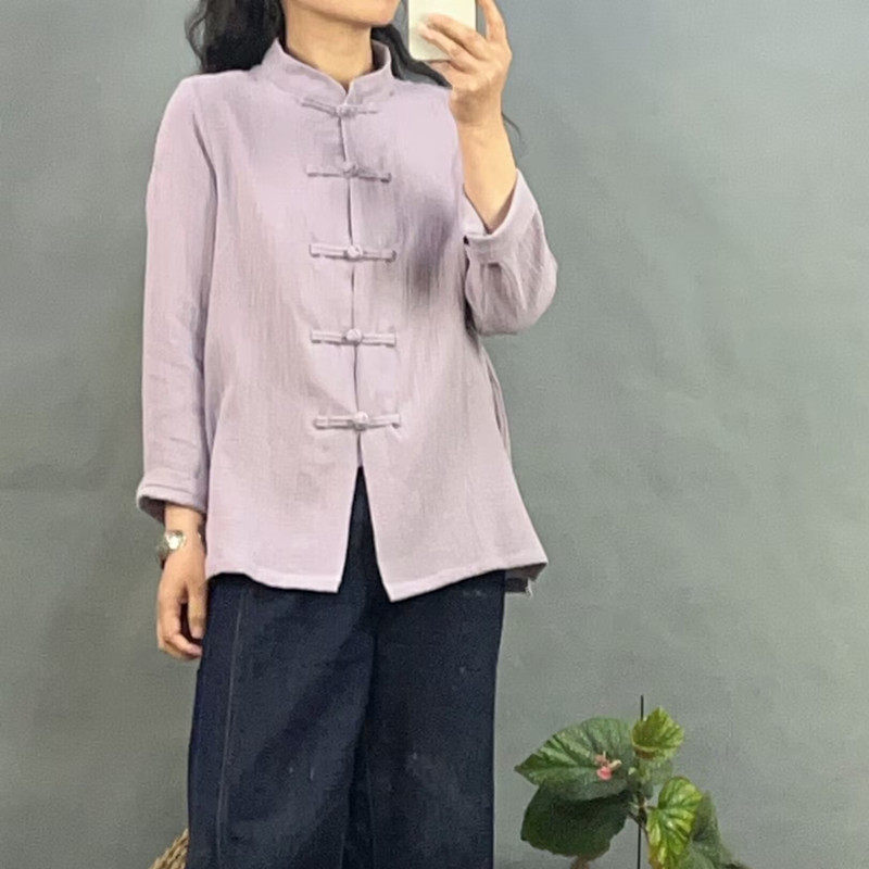 原创民国风女装复古立领中式盘扣舒适肌理感棉质长袖女式衬衫小衫